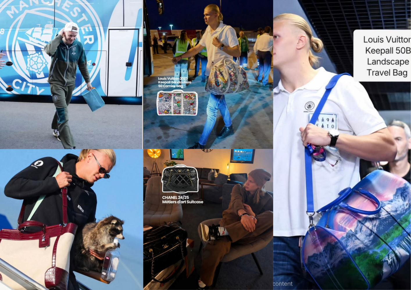 Collage de Erling Haaland con bolsos Louis Vuitton Chanel y Hermès