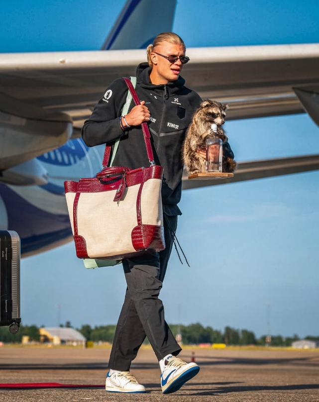 Erling Haaland con un bolso y un mapache disecado en un aeropuerto